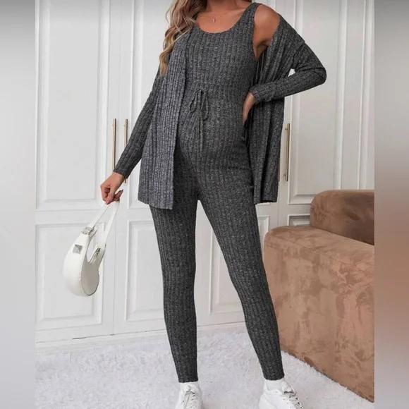 Maternity Ribbed Knit Jumpsuit with Matching Cardigan - Picture 1 of 5